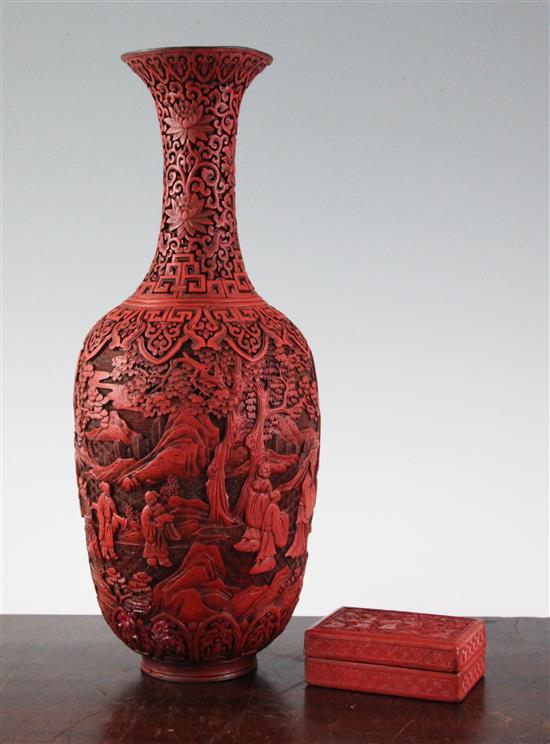 A Chinese cinnabar lacquer vase and a similar rectangular box and cover, 35cm and 9cm